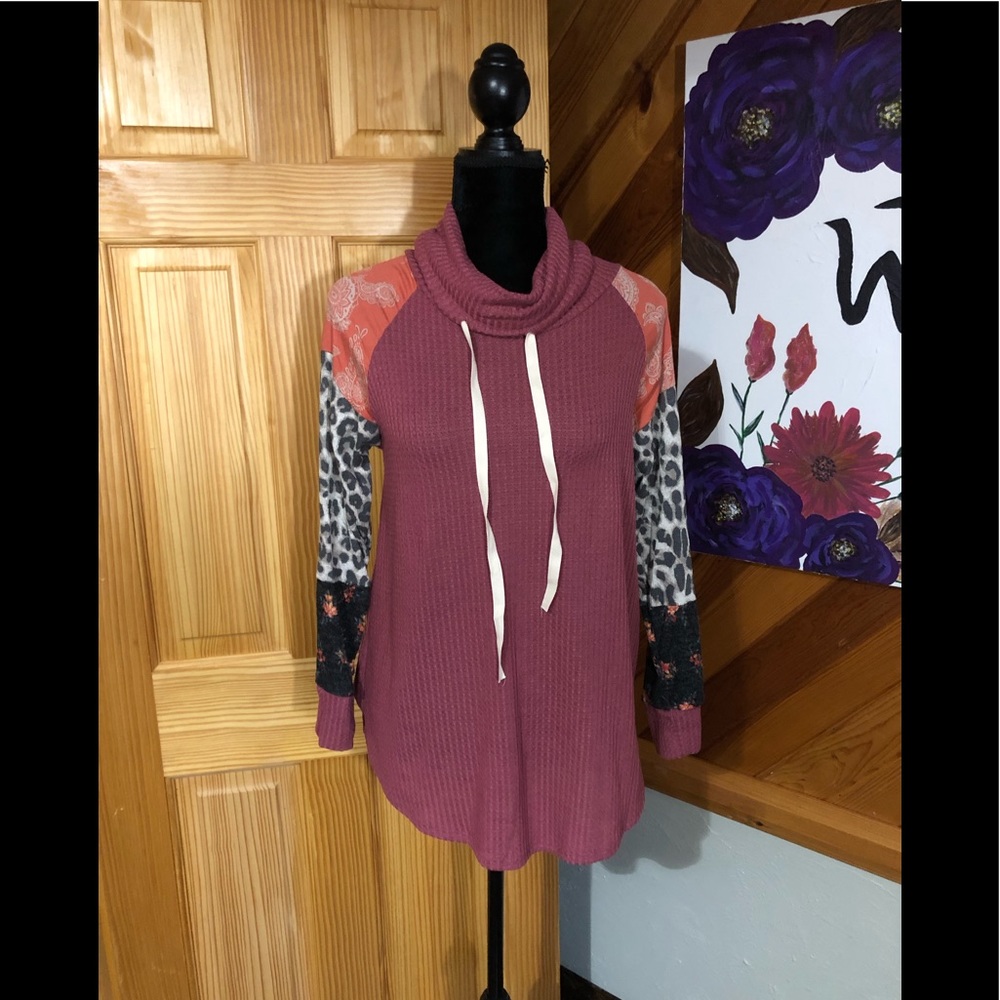 Marsala Mixed Print Cowl Neck Top